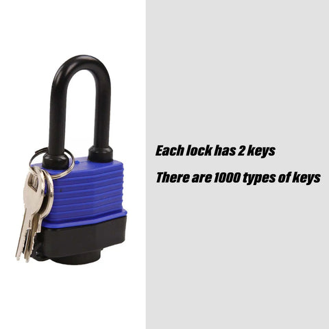 Blue padlock with keys, part of Beefy 4 Pack Keyed Alike Padlocks With Long Shackle Laminated Steel Construction Chrome Finish