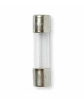 Close-up of Fast Acting Glass Fuse Cartridge Pro Grade Top Notch, silver caps, cylinder shape for electronics protection.