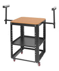 Built Like A Tank Rolling Workstand Holds 550 Pounds, black steel frame with wood top and extension rollers on mobile cart.