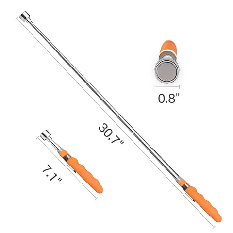 Extendable 31 Inch Magnetic Pick Up Tool With 20 Lb Pull Force, showing telescoping wand size and orange handle