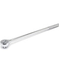 One Inch Drive Round Head Ratchet With Twenty Six Inch Handle Twenty Four Tooth Heavy Duty Drop Forged One Piece Construction For Maximum Leverage And Durability Ideal For Pro Mechanics And DIY Projects, showing a chrome finish and long handle.