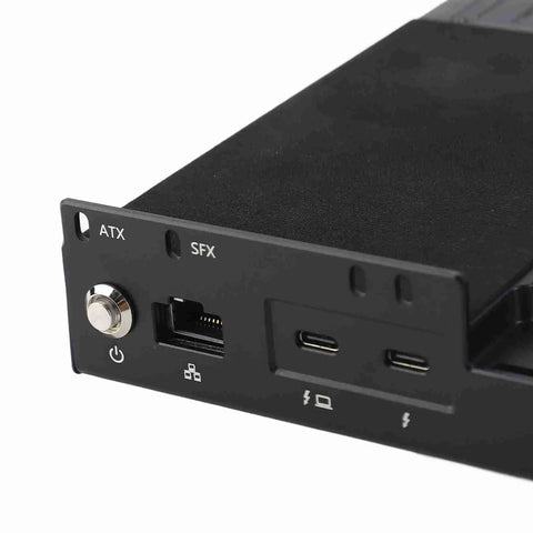 Close-up of external GPU dock connectors featuring USB 4.0 and Thunderbolt 3 ports for upgrades in portable rig.