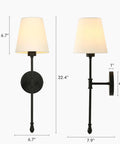 KSANA Modern Black Wall Scone Lighting Indoor with White Fabric Shade dimensions detailed view, sleek design with measurements.