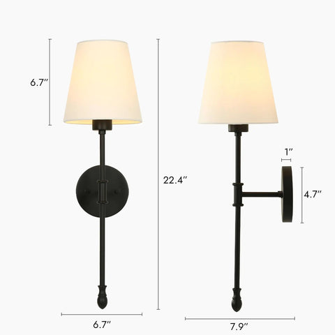 KSANA Modern Black Wall Scone Lighting Indoor with White Fabric Shade dimensions detailed view, sleek design with measurements.