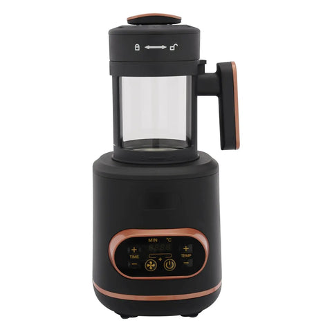 Electric Coffee Bean Roaster Machine With Programmable Temperature Settings Led Display And Measuring Cup For Fresh Home Roasting That Hits Different Every Single Time, black unit with glass container and control panel.