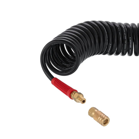 Lightweight Polyurethane Recoil Air Hose 3/8 Inch Lite 5/16 Inch By 25 Feet With 1/4 Inch MNPT Ends, coiled with brass quick coupler