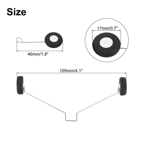 RC Airplane Landing Gear Wheels Set For Toys And DIY RC Aircraft, front 46mm, rear 105mm, size diagram.