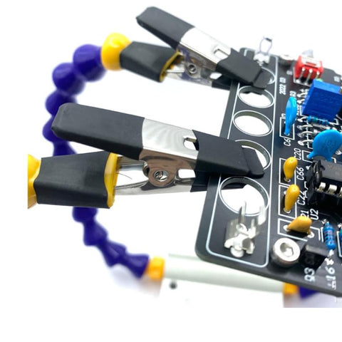 Close-up of Heavy Duty Soldering Helping Hands With Weighted Base, Flexible Gooseneck Arms And Alligator Clips, PCB Holder Station.