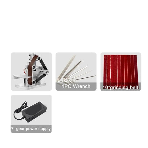Ultimate Mini Electric Belt Sander And Multifunctional Desktop Grinder For Diy Polishing Sand Milling Cutting Edge Sharpener tools, grinding belt, power supply, and wrench.