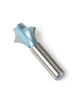 Cool Miter Frame Molding Router Bit With 12mm Or 1/2in Shank features a shiny steel body and sharp curved edge for precision cutting.