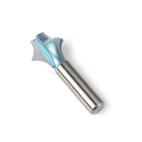 Cool Miter Frame Molding Router Bit With 12mm Or 1/2in Shank features a shiny steel body and sharp curved edge for precision cutting.