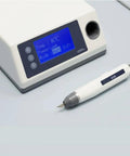 Handheld Ultrasonic Power Cutter Knife With Five Hella Sharp Blades For Easy Peasy Cuts On 3D Prints Tough Plastic Premium Leather Durable Resin Solid Wood Glossy Acrylic Sheets displayed with control unit and display panel.