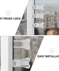 6 Pack Childproof Cabinet Locks for Sliding Doors White ABS Safety latches on window for babyproofing, easy installation.
