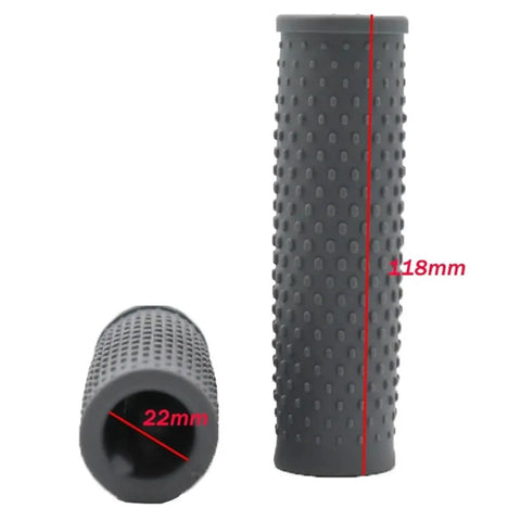Pair Of Rubber Handlebar Grips For Electric Scooters M365 Pro 1S Pro2 All Weather Grippy Rubber Replacement Black Non Slip Comfort With Vibration Dampening For A Softer Hand Feel Easy Install showing black grips with textured surface measuring 118mm x 22mm