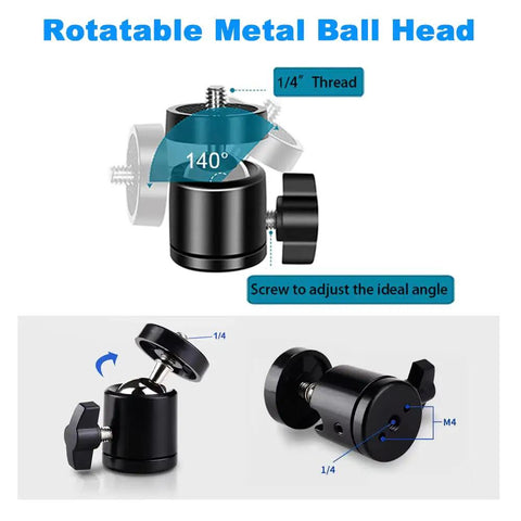 Rotatable metal ball head with 1/4" thread for Extendable Desk Webcam Tripod Stand For Cameras And More, showing adjustment screw.
