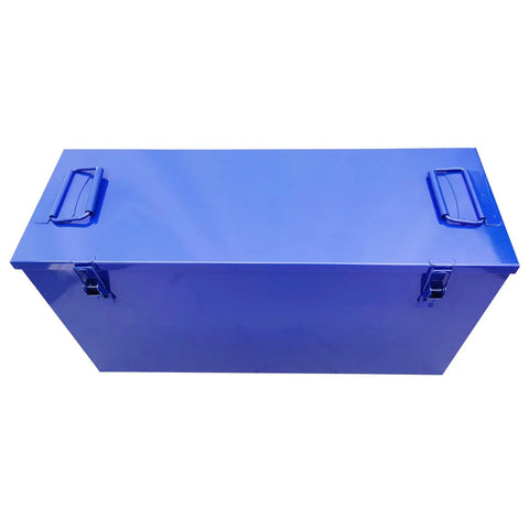 RC-32 Badass Portable Hydraulic Rebar Ripper 110V 3000W Electric Steel Bar Saw storage in a blue metal toolbox.