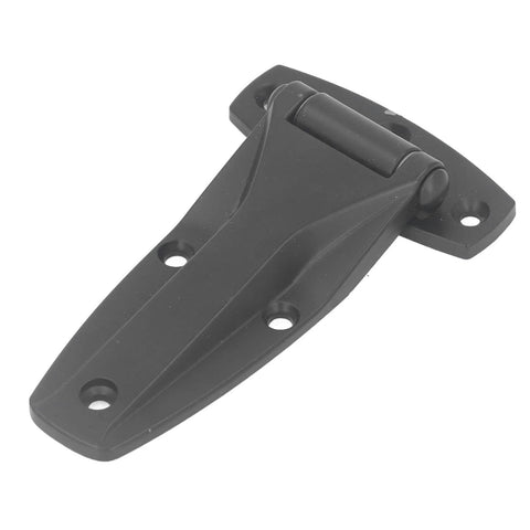 Soft Close T Hinge Zinc Alloy T Strap Hinge for Toolbox and Car Door Repair, black zinc alloy, universal design, front view