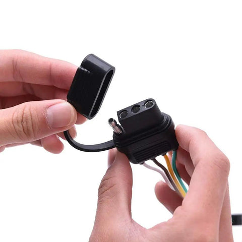 Hands holding 17.5 Inch 4 Pin To 4 Pin Trailer Light Wiring Connector Adapter Y Splitter Cable Extension with cap