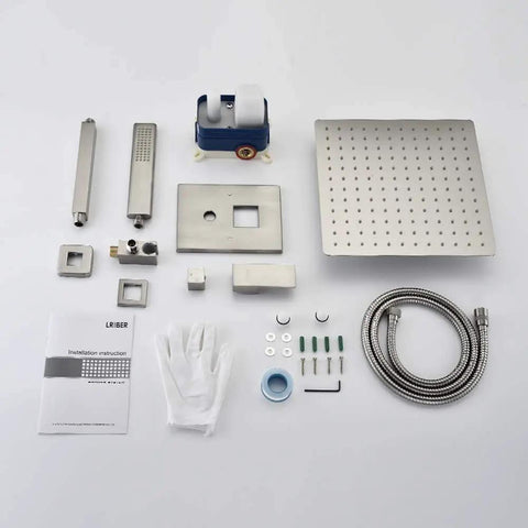 All In One Ceiling Mount Rain Shower System With Rain Shower Head And Handheld, Brushed Nickel Finish, Includes Faucet Mixer