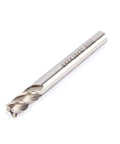 Close-up view of end mill cutter, 6 mm, 4-flute, spiral, straight shank, silver metal