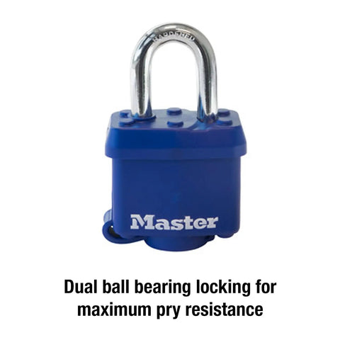 Weatherproof Padlock With Laminated Steel Body And Hardened Shackle One And Nine Sixteenths Inch Wide Blue Thermoplastic Shell Dual Ball Bearing Locking Four Pin Cylinder Built To Last For Outdoor Security On Gates Sheds And Gear, shown with text 'Dual ball bearing locking for maximum pry resistance'.