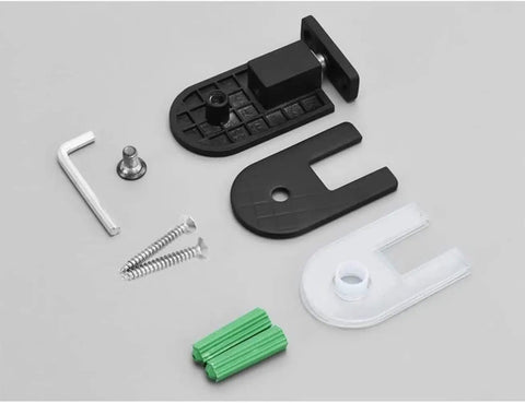 Heavy Duty Glass Door Hinge 360 Degree Pivot Rotation For Smooth As Butter Bathroom And Shower Doors Rock Solid 304 Stainless Steel Hardware Replacement Kit For Tempered Glass Cabinets And Wine Showcase Frames Up To 10mm Thick One Pack hardware kit components including black and clear parts, screws, and an Allen wrench.
