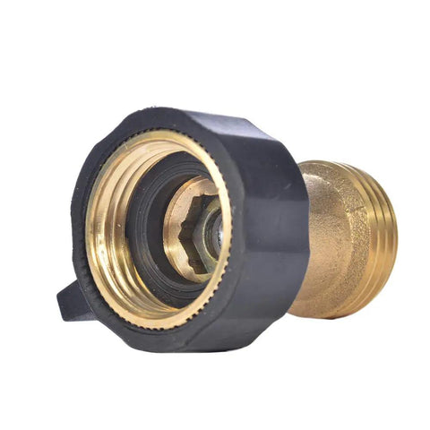 Heavy Duty Brass Garden Hose Shut Off Valve 3/4 Inch One Way Restricted Flow Stop shown from side view