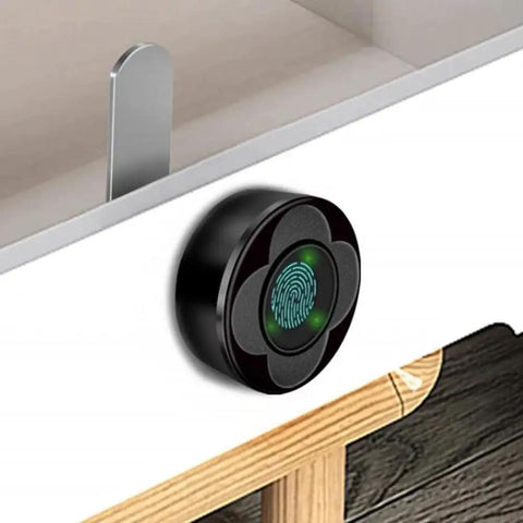 Slick Smart Drawer Fingerprint Lock With Lightning Fast Unlock And No Sweat Charging For Tv Console Bedroom Nightstand Shoe Rack And Office Locker In Rock Solid Aluminum Black Setup on a drawer.