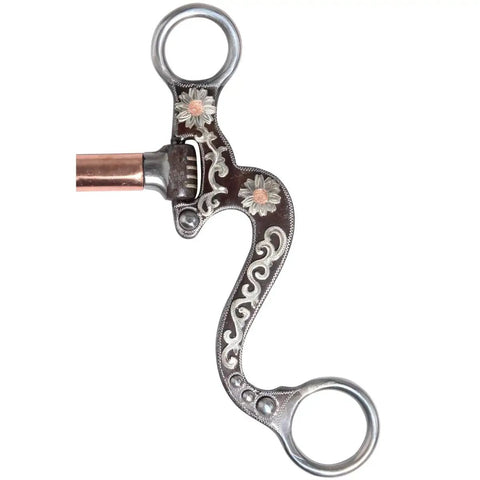 Decorative metal bit with floral engravings, not directly related to "Small Floral Correction Mouth Guard For Sports Medicine Black Five And A Quarter Inch Mouth Opening And Five And Three Quarters Inch Cheek Coverage Pro Grade Teeth And Jaw Protector Built For Athletes Dentist Approved"
