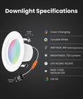 4 Inch Smart Recessed Light With Color Changing And Tunable White, specs showing E26 Base, 8W LED, CRI90, 720 Lumens