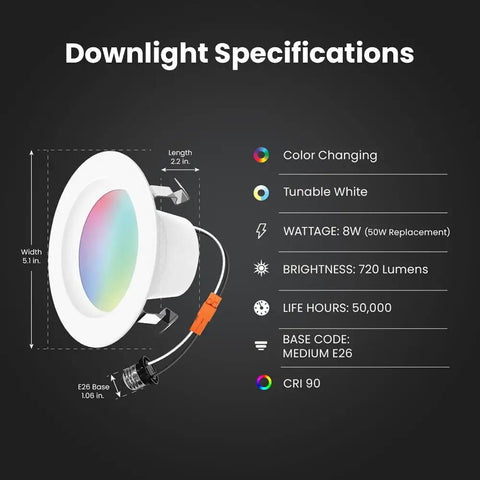 4 Inch Smart Recessed Light With Color Changing And Tunable White, specs showing E26 Base, 8W LED, CRI90, 720 Lumens