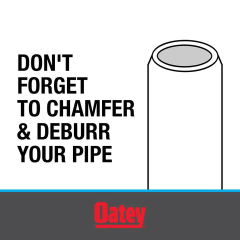 Illustration reminding to chamfer and deburr pipes for Master Flash Roof Flashing Base 8x8 Inches With Closed To 5-3/4 Inch Pipe.
