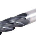 End mill close-up, 1/2 in shank, 4-flute roughing cutter, M42 cobalt steel