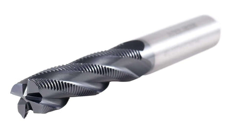 End mill close-up, 1/2 in shank, 4-flute roughing cutter, M42 cobalt steel