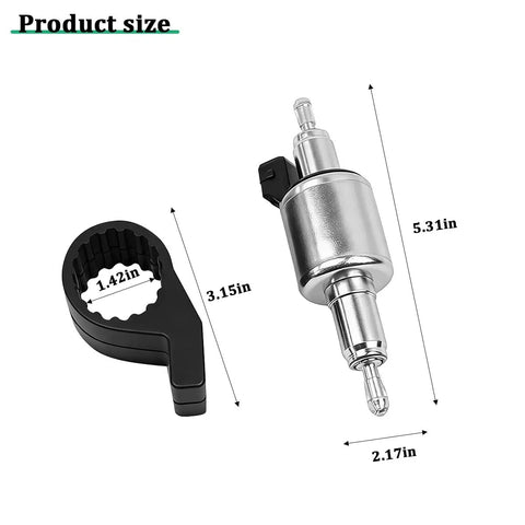 Road Ready 12V Diesel Heater Fuel Pump Featuring Slick Quiet Functioning And Rugged Abs Build With Secure Metal Brackets Universal Fit For Rv Truck And Suv For Toasty Cabin Comfort On Long Hauls product size with dimensions and tool included.