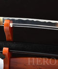 Dope Non Sharpened Aluminum Steel Katana Sword For Practice Laido Japanese Samurai Style on stand, close-up view