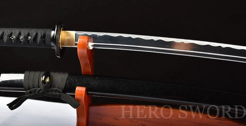 Dope Non Sharpened Aluminum Steel Katana Sword For Practice Laido Japanese Samurai Style on stand, close-up view