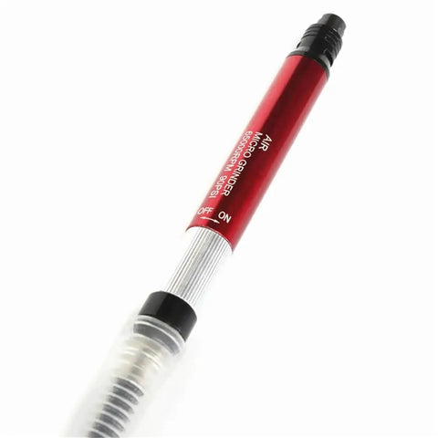 Slick Built Air Micro Die Grinder Kit With Heavy Duty Pneumatic Equipment Accessories and Precision Rotary Carving Tools, red pen-style design.
