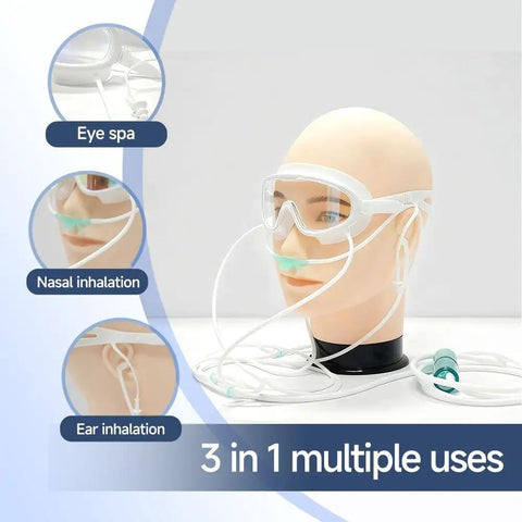 Mannequin wearing 3-In-1 Hydrogen Inhalation Goggles For Eye Heat, Massage And H2 Care with attached tubes for eye, nasal, ear use