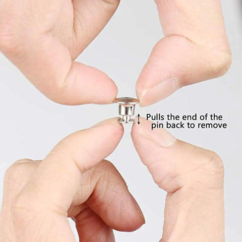 Demonstrating removal of pin from Locking Pin Backs Set 30 Pieces With Storage Case For Jewelry Making Nickel Plated Copper Reusable Clip Clasps