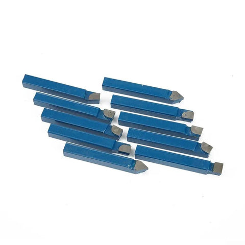 Ten Piece One Quarter Inch Carbide Lathe Tool Bits Set for Metal Cutting High Hardness Tips for Ordinary and CNC Lathes displayed