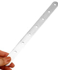 Close-up of hand holding silver flat angle brace, part of two pack stainless steel corner brackets for tables and chairs