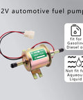 12V inline fuel pump with connectors, labeled fit for gasoline and diesel, not for aqueous liquid, universal for lawn mowers