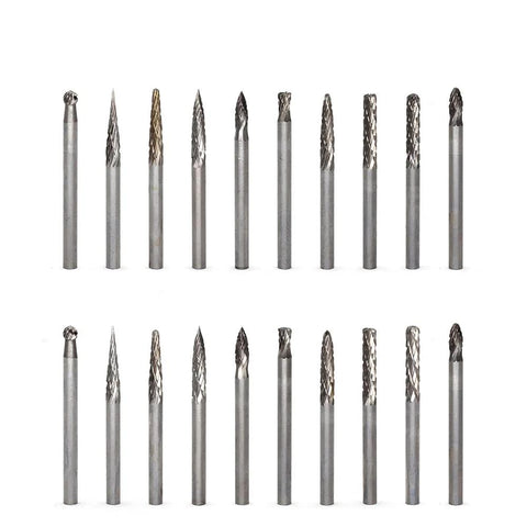 20pc solid carbide burr set with 3mm shank and 3mm diameter cutting heads for woodworking, engraving, and carving