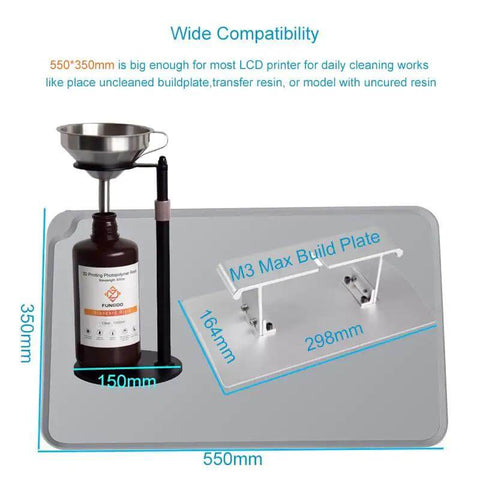 Silicone Resin Cleanup Mat And Transfer Surface For 3D Printers 550mm By 375mm gray, featuring a funnel and bottle on the mat.