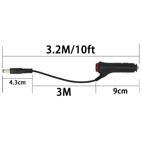 12V DC Auto Cigarette Lighter Power Adapter Cable With 5.5X2.1MM DC Plug And Switch Button showing length dimensions.