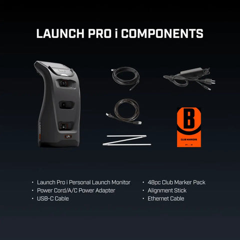 Launch Pro I Circle B Edition Golf Bundle components with power cords, USB-C cable, alignment stick, and club marker pack.