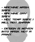 Skull Face Balaclava Dope All Season Gear One Size Fits Most showing care instructions on woven design background.
