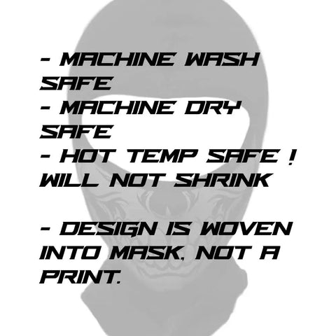 Skull Face Balaclava Dope All Season Gear One Size Fits Most showing care instructions on woven design background.