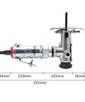 Knockout Pneumatic Jigsaw For Woodworking And Furniture Fab, Portable Air Reciprocating Saw With Swappable Handle, Heavy Duty Motor Cuts Through Lumber No Sweat During Any Reno Build, side view with dimensions shown.